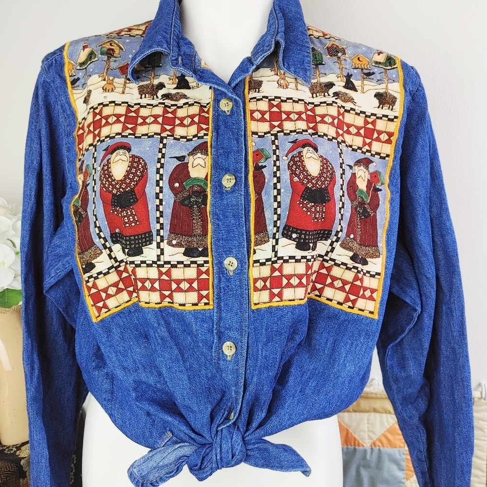 🎄LAST CHANCE🎄 Vintage 90s Country Christmas Santa Claus Denim Button Down